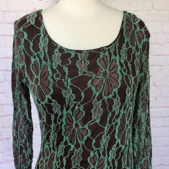 A’Reve Mint and Brown Floral Lace Tulle Long Sleeve Dress - Size Medium - Picture 2 of 9